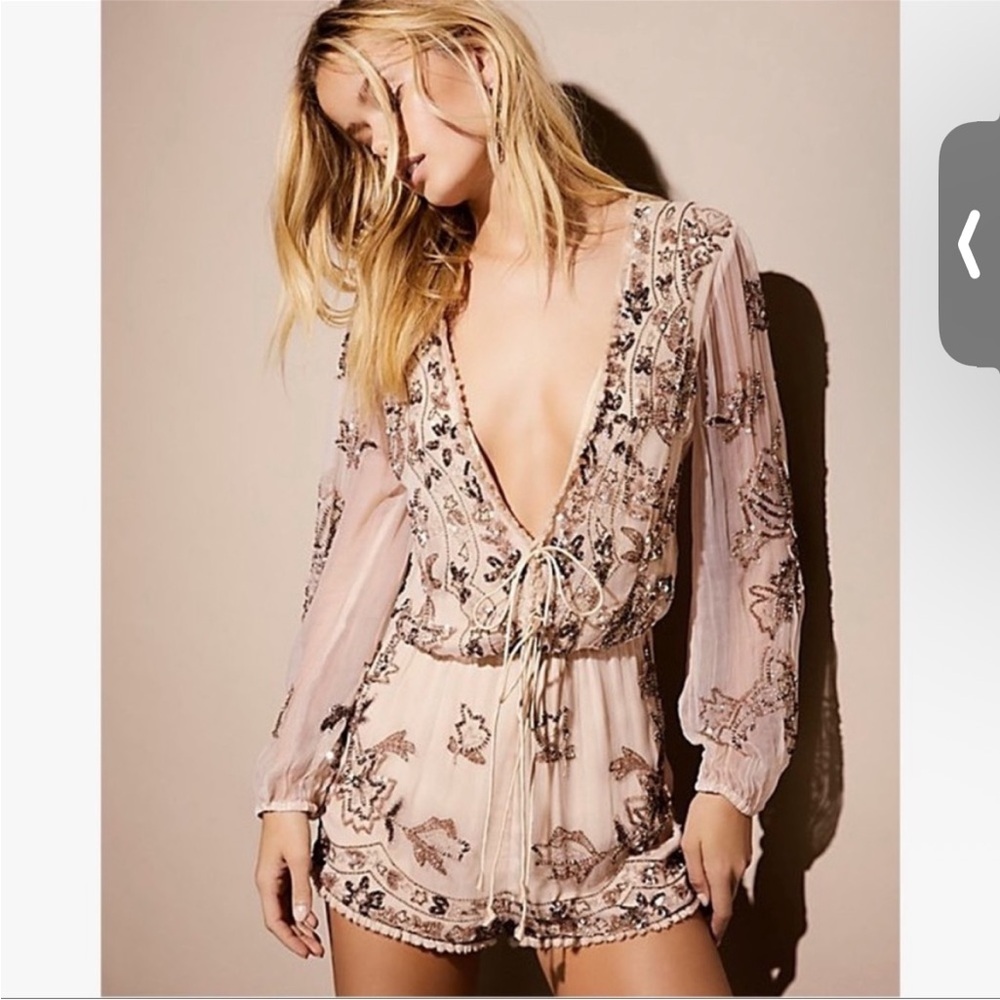 Free People by Ranna Gill Mimi Beaded Romper Cream Size 8
